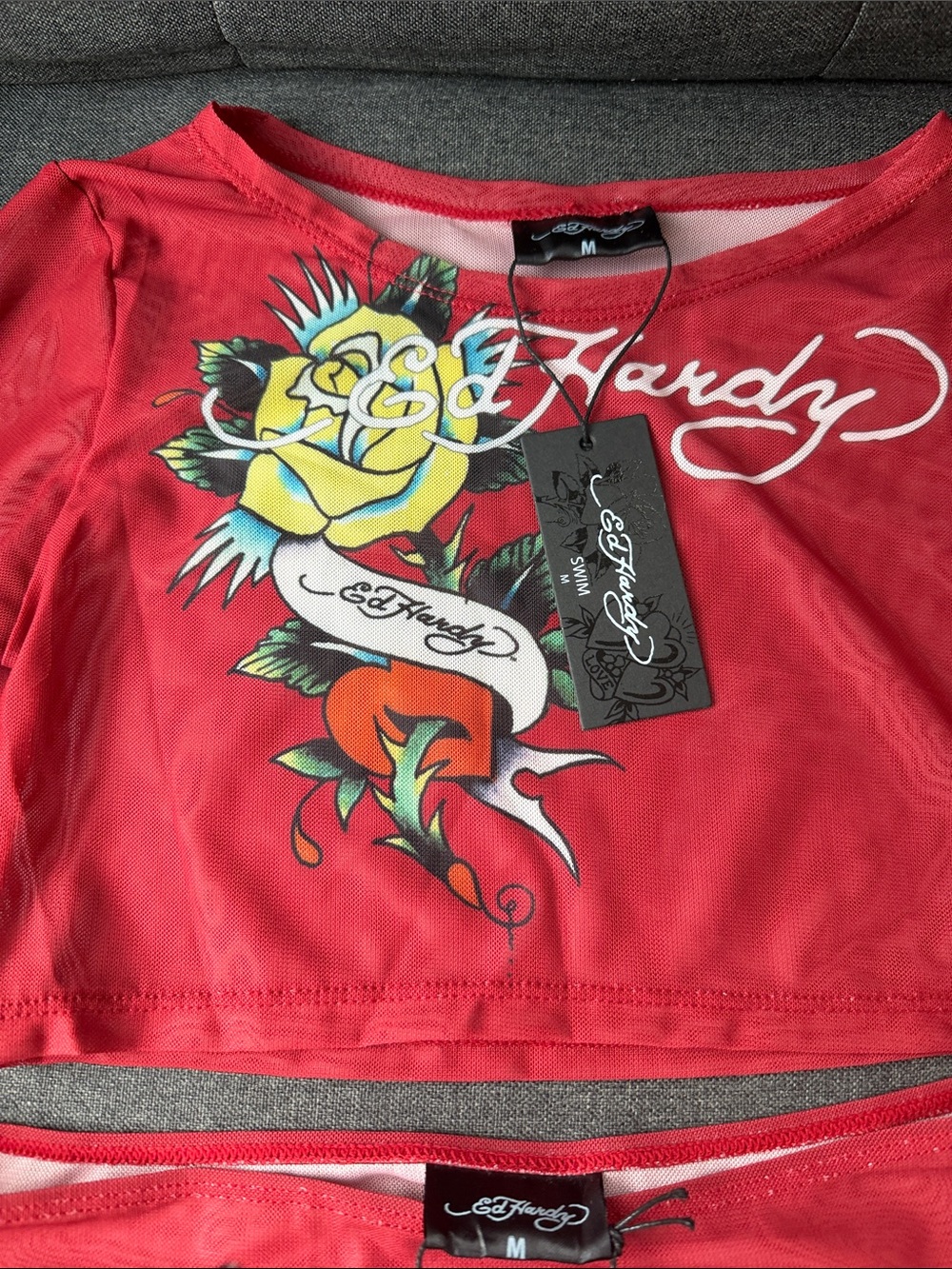 Ed Hardy Red 2 Piece Swim Cover Up Crop Top Maxi Skirt Set Y2K M NWT - Picture 5 of 13